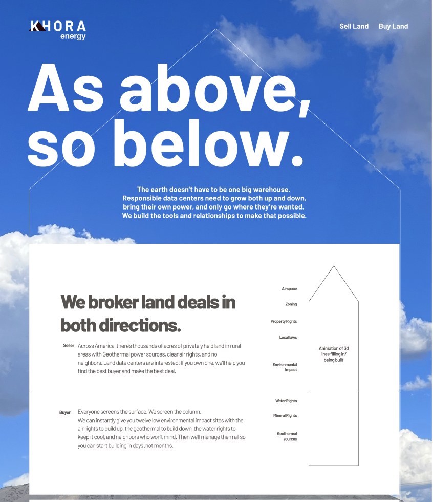 Sitio de banco de tierras de Khora Energy con cielo azul y el titular «Como es arriba, es abajo»