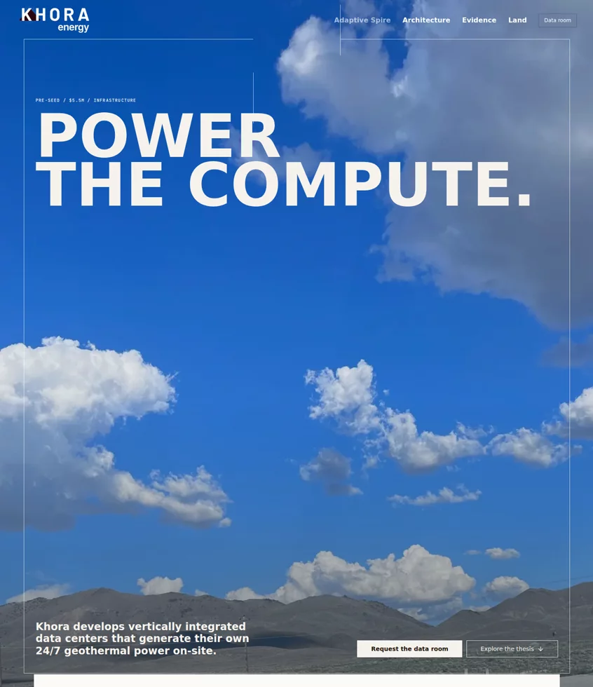 Khora Energy website leading with the Adaptive Spire and the headline Power the compute